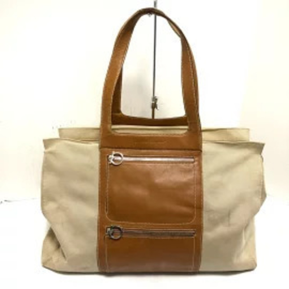 Salvatore Ferragamo Gancini Shoulder Bag Beige Cream x Brown Canvas Leather